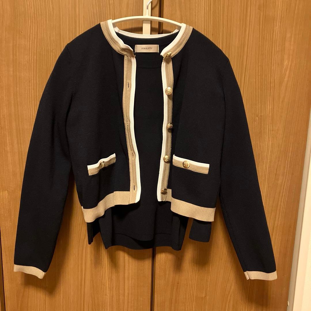希少！美品 ジャスグリッティー 配色クルーカーデアンサンブル ネイビー
