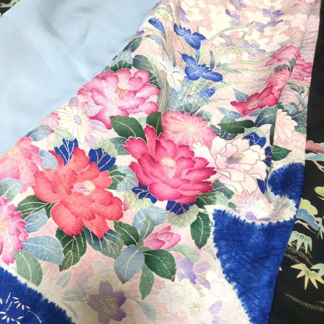 留袖 作家物 振袖MIX 花ブルー系 着物リメイクスカート*