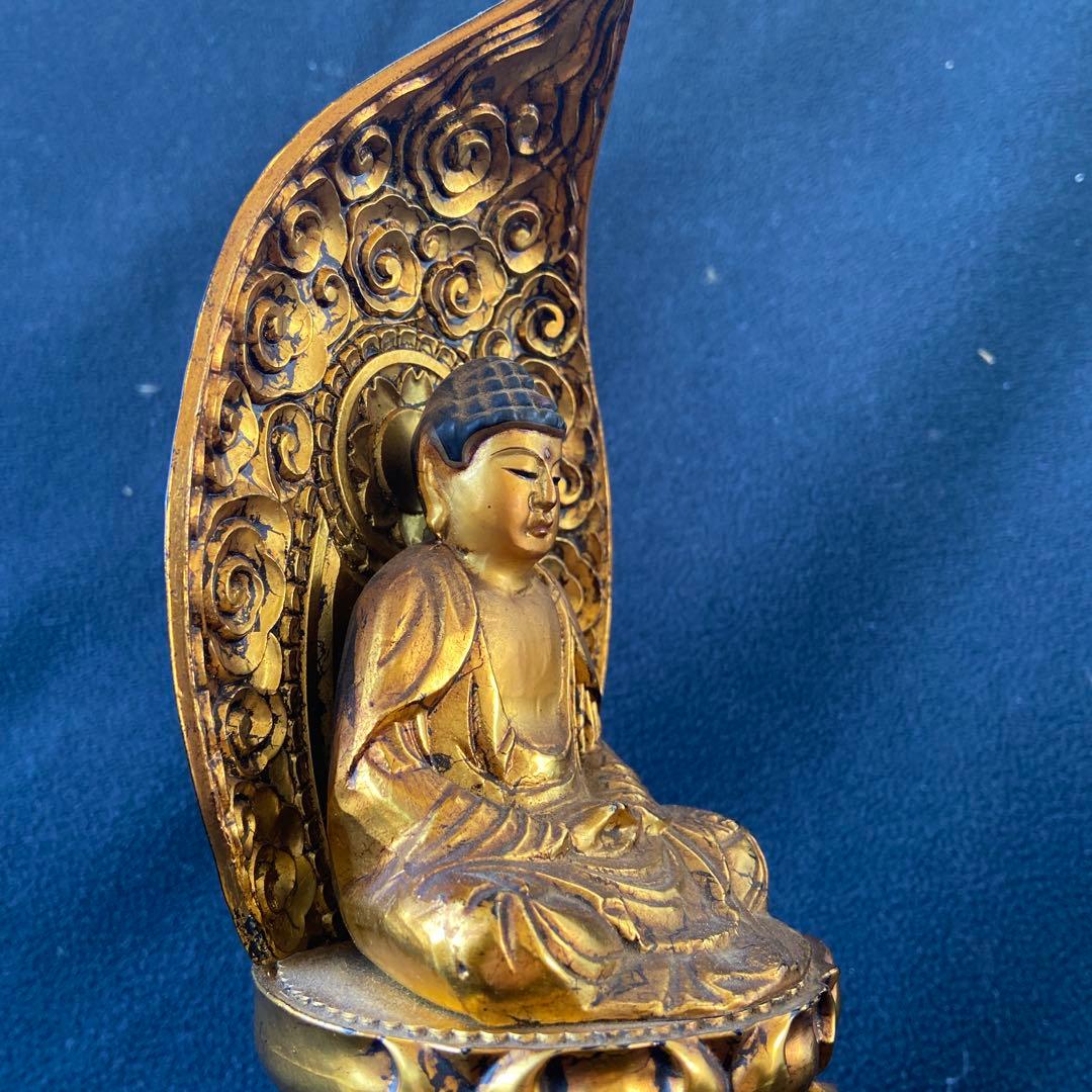 水煙光背 釋迦如来像本金箔六角台座