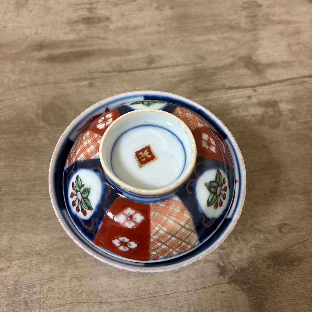 可愛いどんぶり　古伊万里　色絵染付間取　丼5客　蓋付碗　アンティーク　明治〜大正