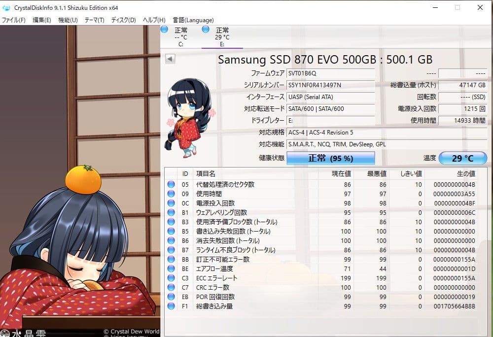 SAMSUNG 870 EVO 500GB SSD 使用時間14933時間