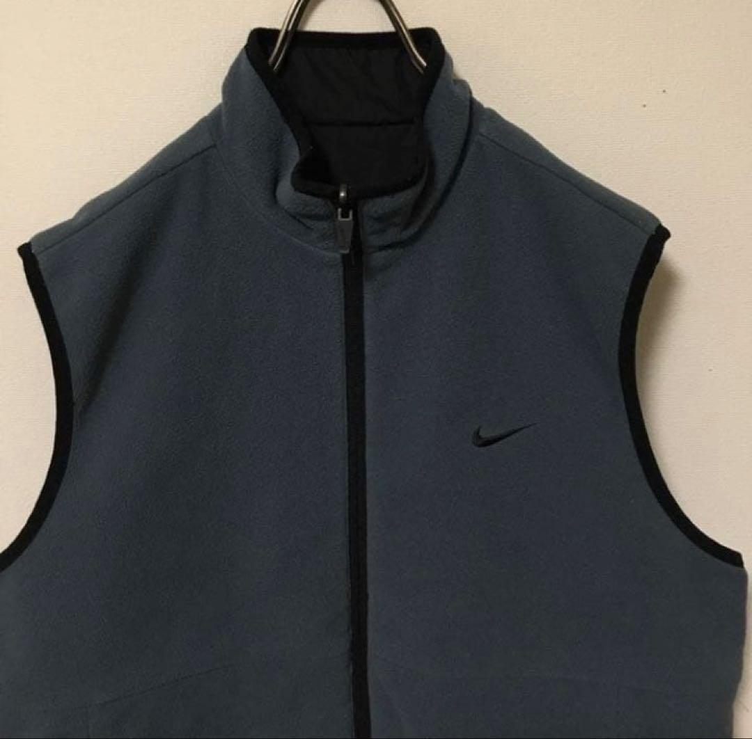 希少リバーシブル！OLD NIKE ロゴ刺繍 ナイロン×フリース ベスト 黒