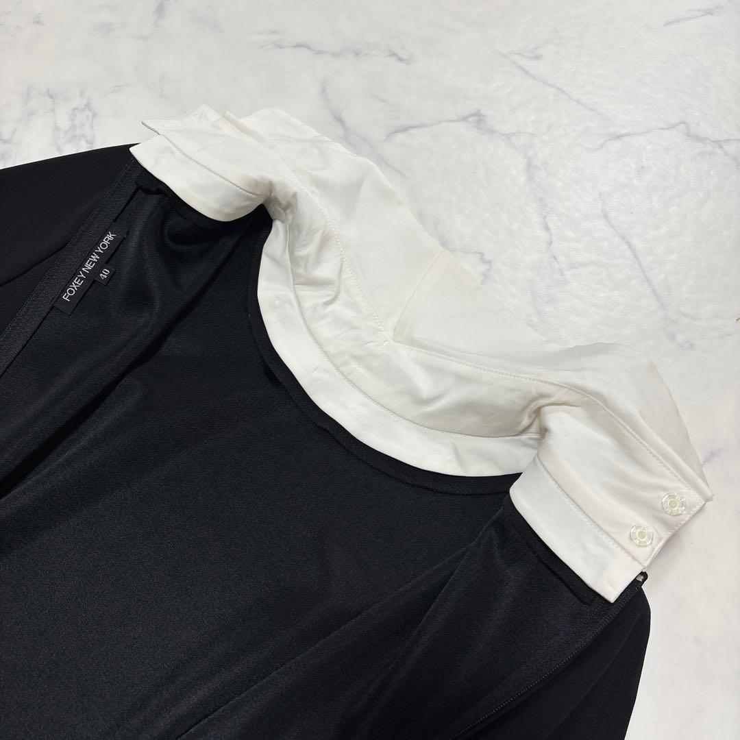 美品 FOXEY NEW YORK 白襟ワンピース ブラック フォーマル 40