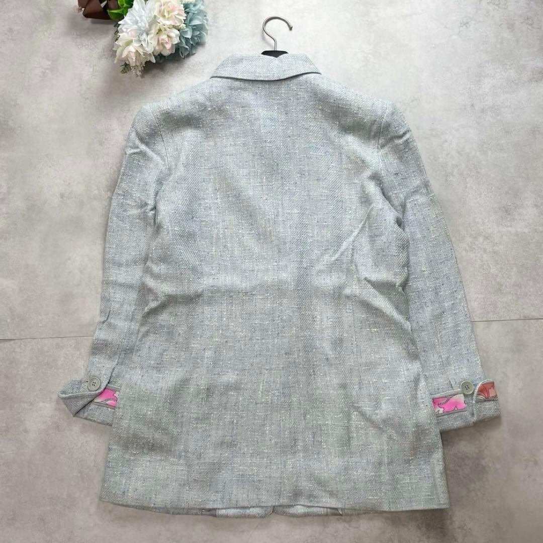 大きいサイズ✨レオナール ジャケット ツイード　トリム 44 2XL 水色 花
