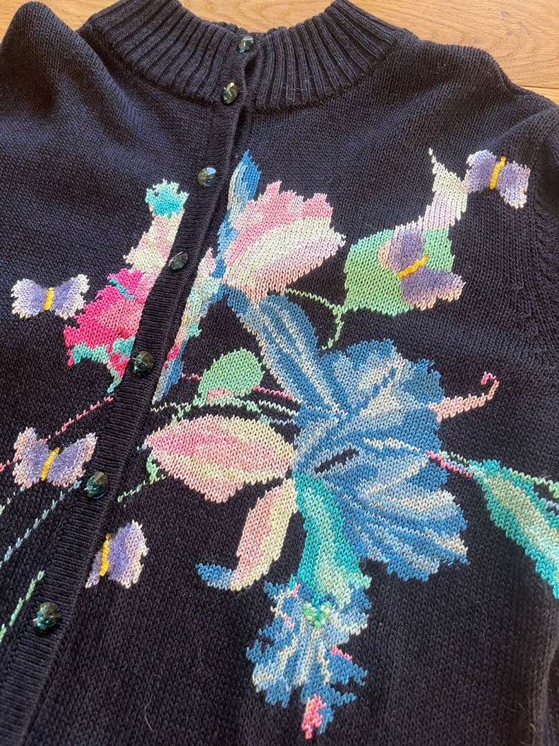 LEONARD 花柄刺繍 ネイビー カーディガン