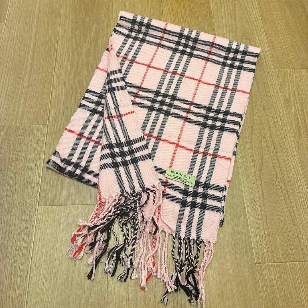 希少カラー【極美品】BURBERRY ラムウール100 マフラー ピンク 薄手