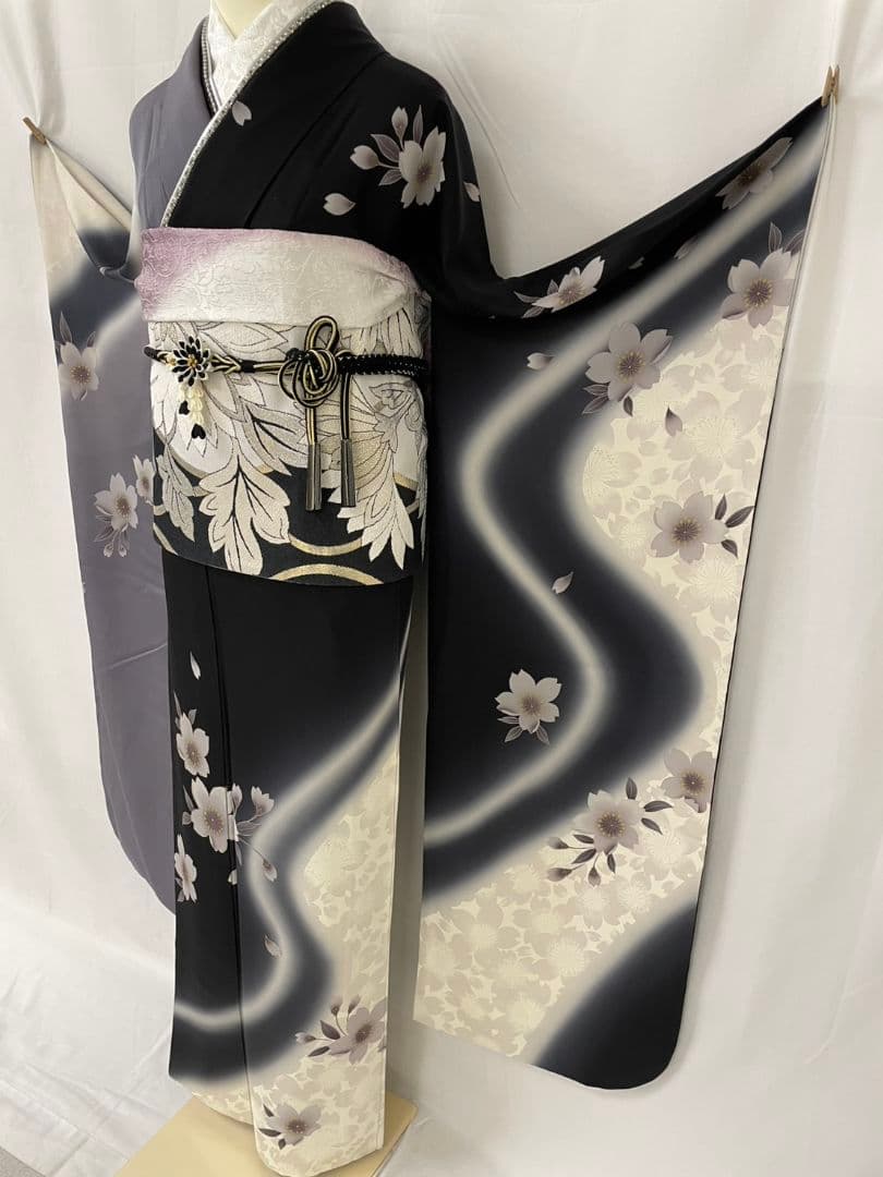 美品 正絹 振袖 7点フルセット モノトーン 染め分け 桜 　トールサイズ