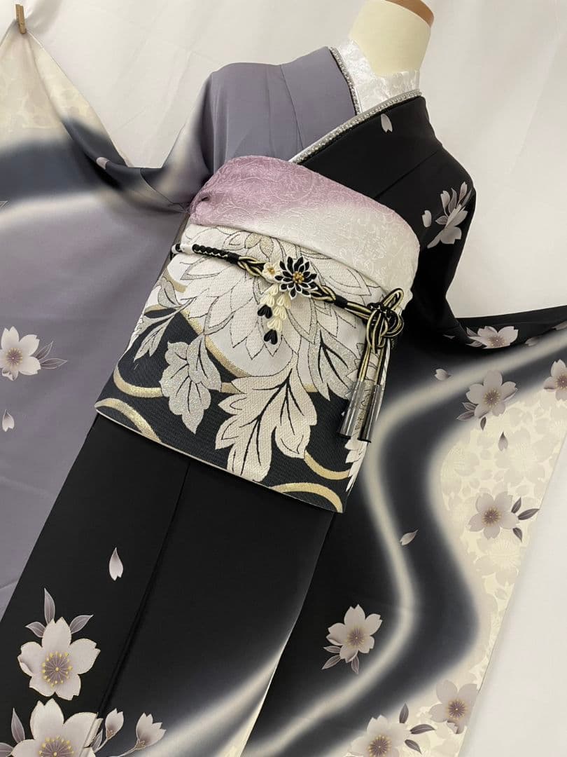 美品 正絹 振袖 7点フルセット モノトーン 染め分け 桜 　トールサイズ