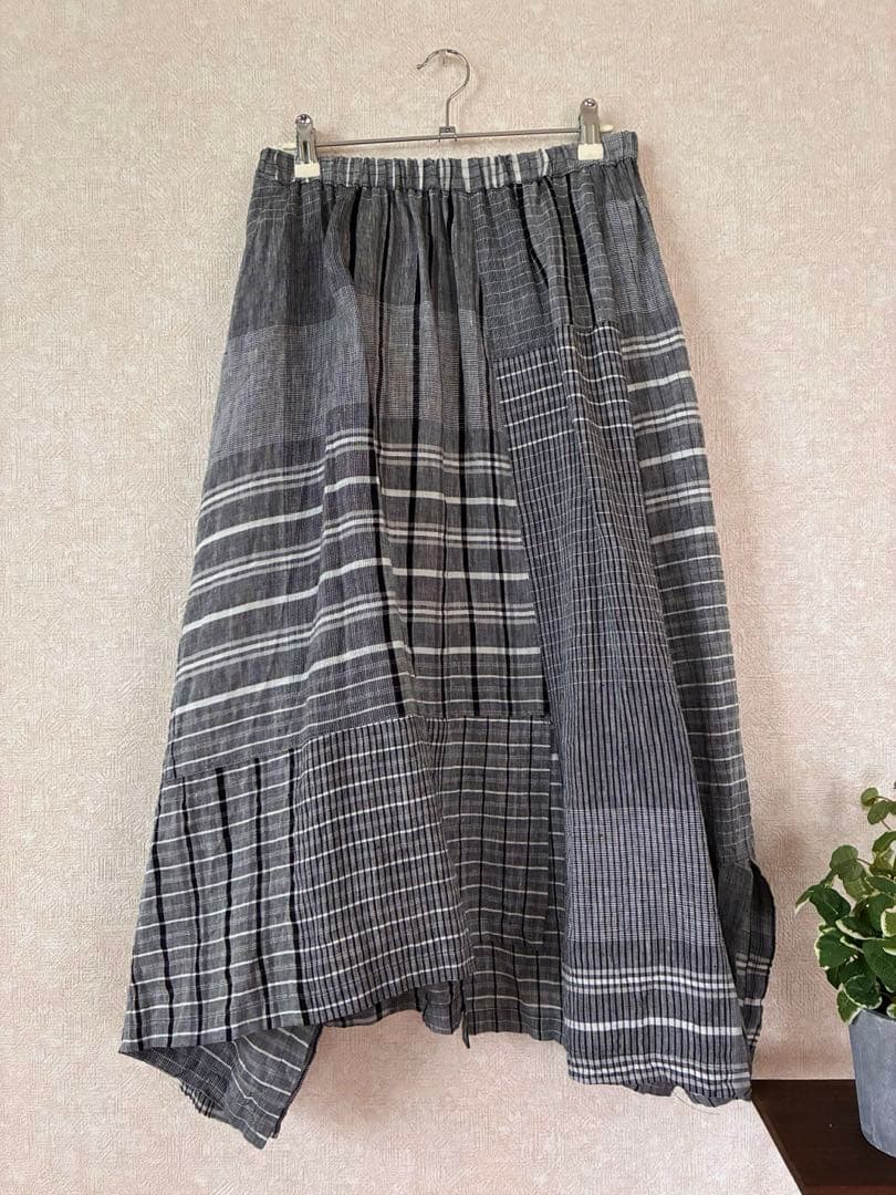 美品✨センソユニコ芽風 麻リネン100%ロングスカート チェック柄 38M