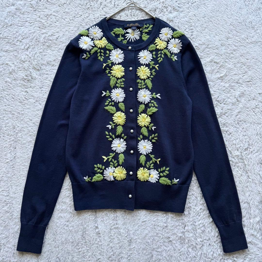 ブルックスブラザーズ スーピマコットン 花柄刺繍 カーディガン パール調 紺 S