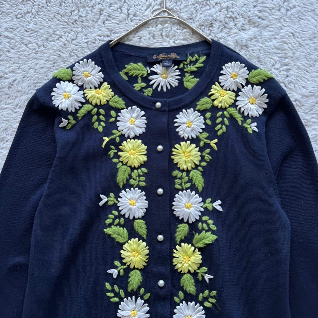 ブルックスブラザーズ スーピマコットン 花柄刺繍 カーディガン パール調 紺 S