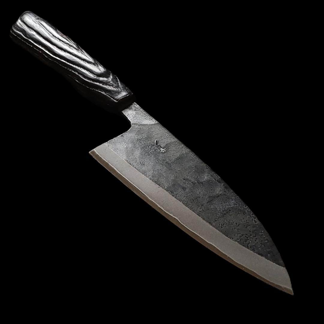 【現品限り】青紙2号 黒打 両刃出刃包丁 150㎜ #9397 焼栗柄 月光作
