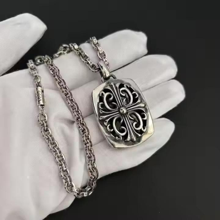 シルバー925　キーパーペンダントフレアクロス ペーパーチェーンネックレス