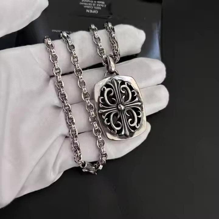 シルバー925　キーパーペンダントフレアクロス ペーパーチェーンネックレス