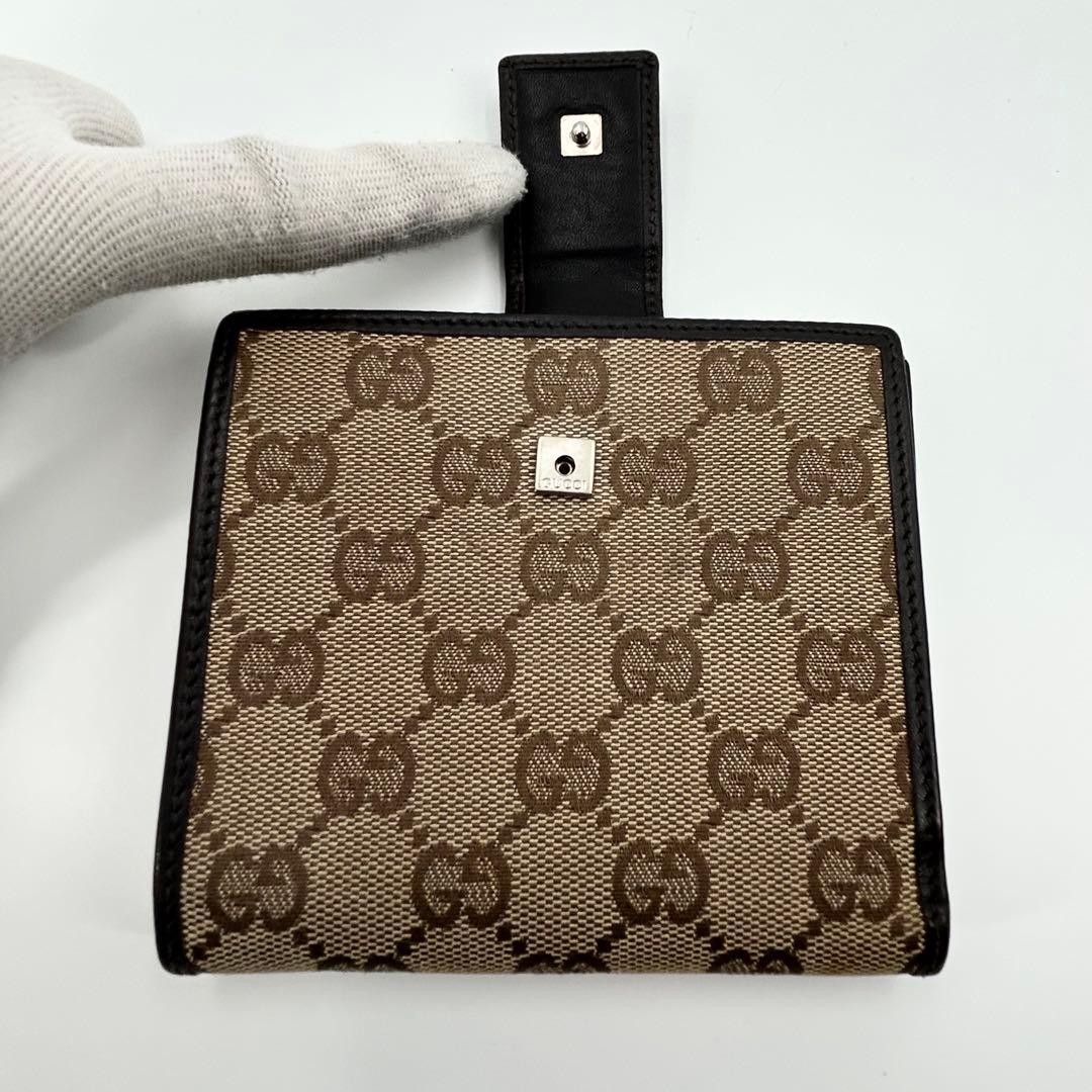 美品✨グッチ 折り財布 GG プレート Wホック ブラウン キャンバス レザー