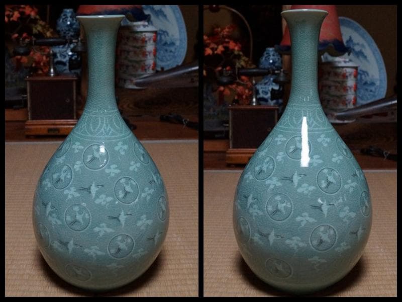申根洙作 象嵌丸紋雲鶴文 大型鶴首瓶 飾壺 作家物高麗青磁 栞付 共箱高さ42㎝