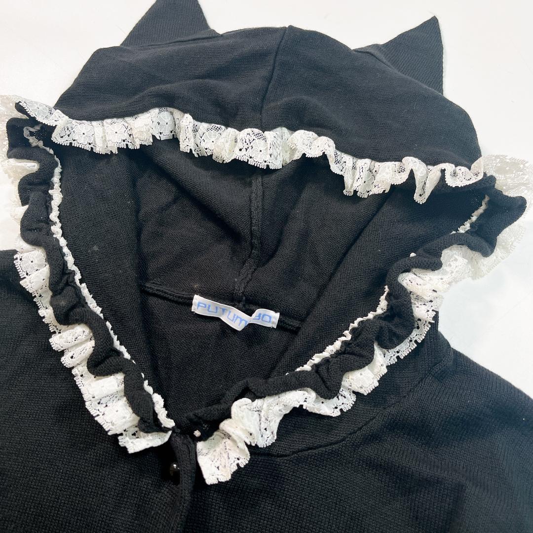 PUTUMAYO プトマヨ 猫耳 フード付き ニットパーカー 黒 レース 刺繍