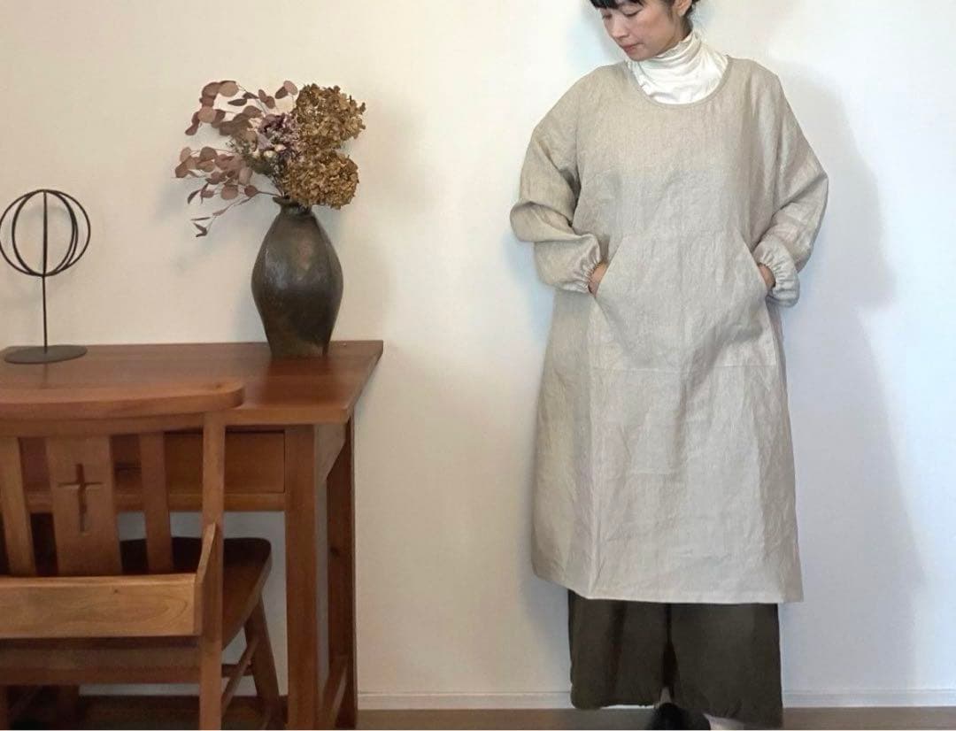 国産リネン生地　チュニック割烹着　キナリ　服作り40年の田舎町仕立屋