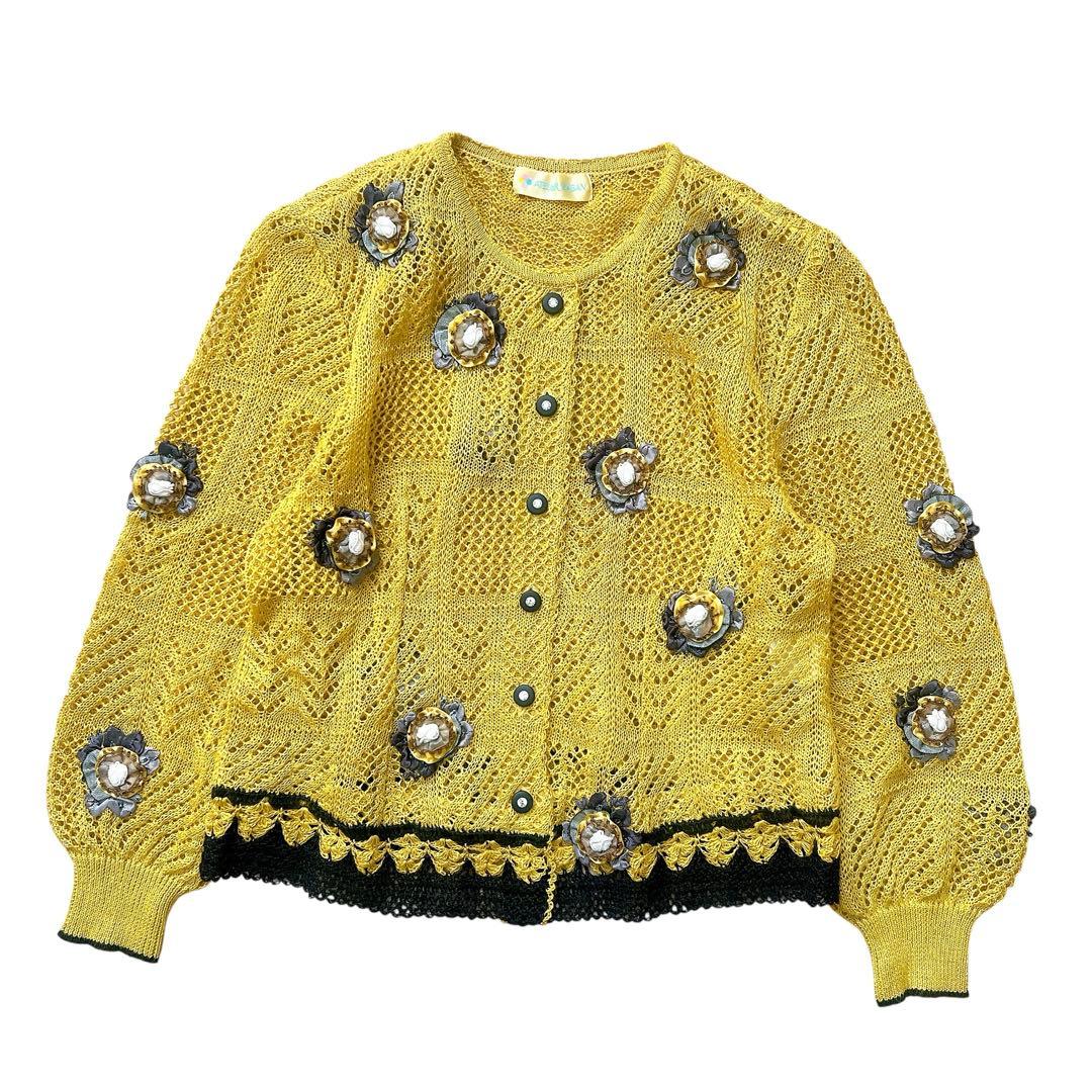 ATELIER SAGAN　リネンニットカーディガン　透かし編み　花モチーフ　M