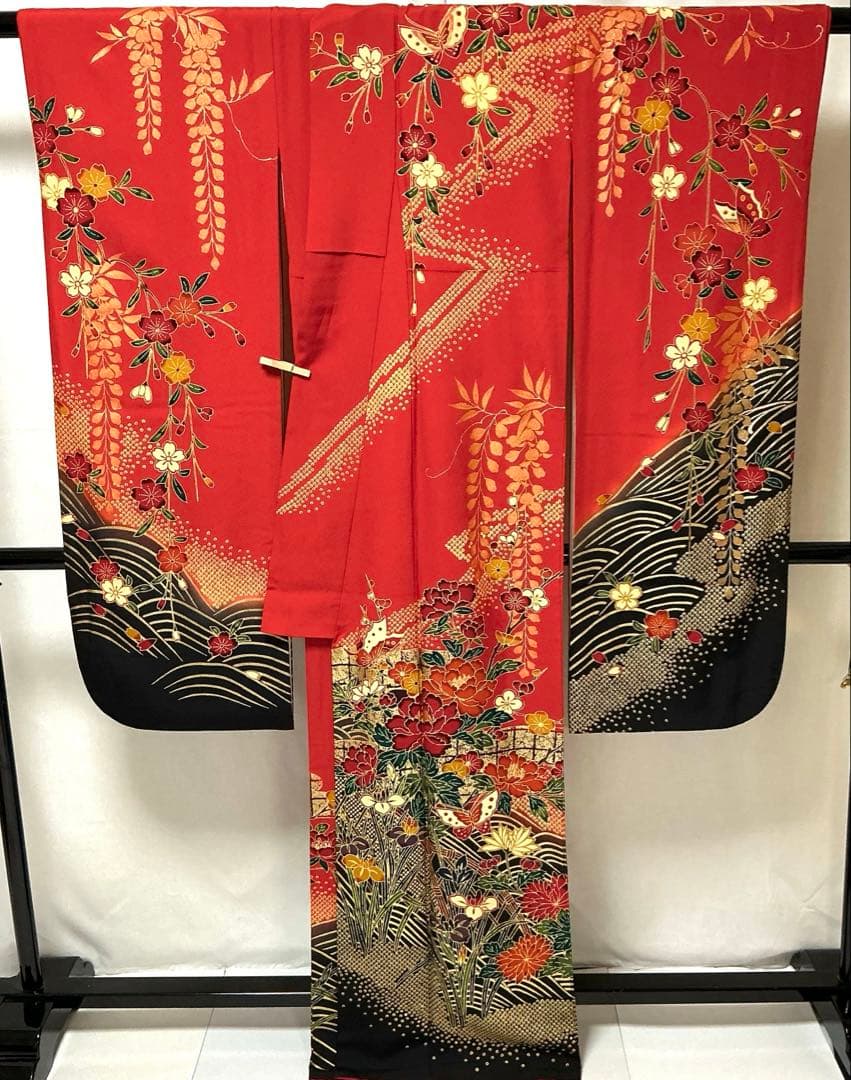 b758 正絹　振袖　紅型　金彩ラメ　トールサイズ　着物