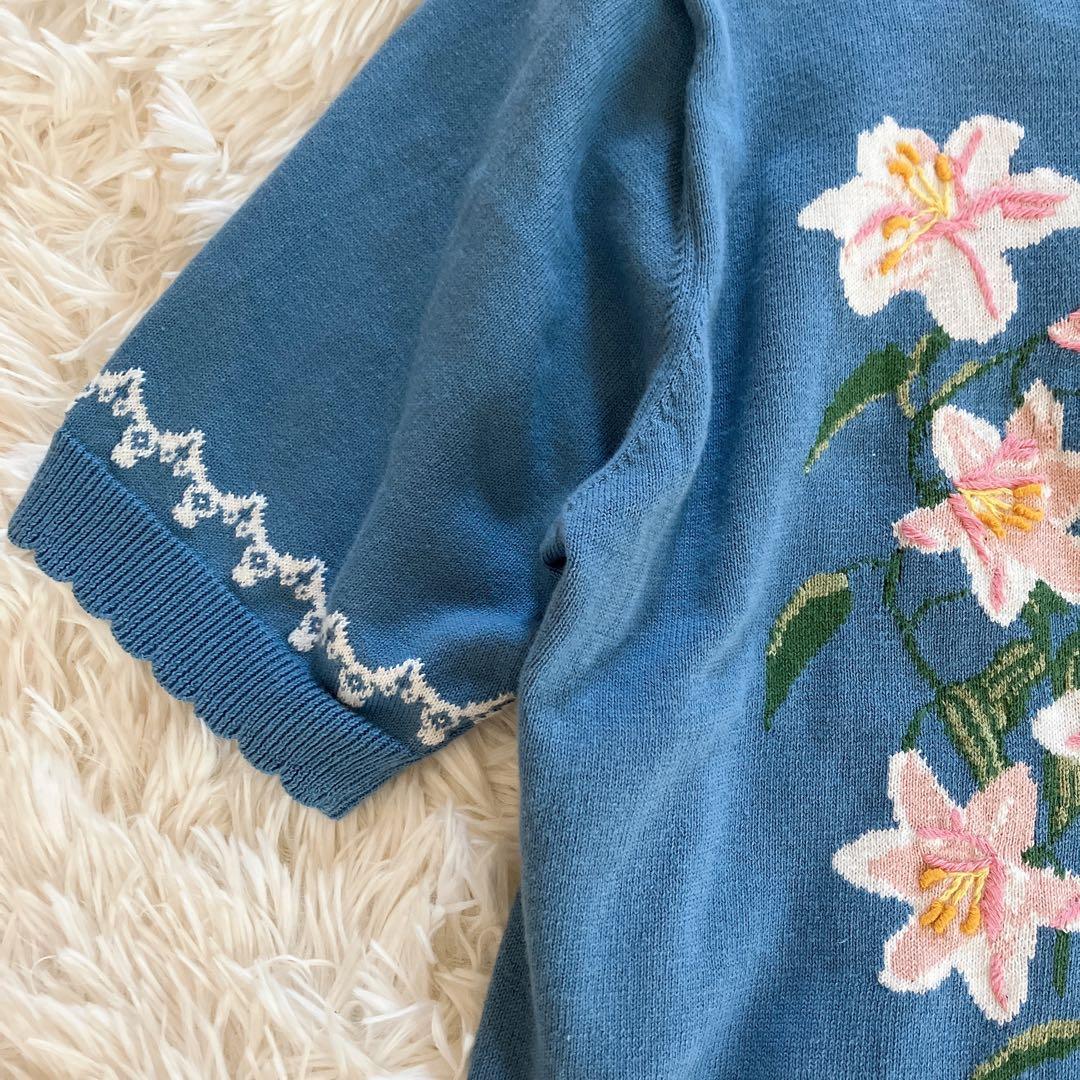 美品ピンクハウス♡リリー柄編み込みカーディガン半袖ブルー青花柄刺繍フリーニット綿