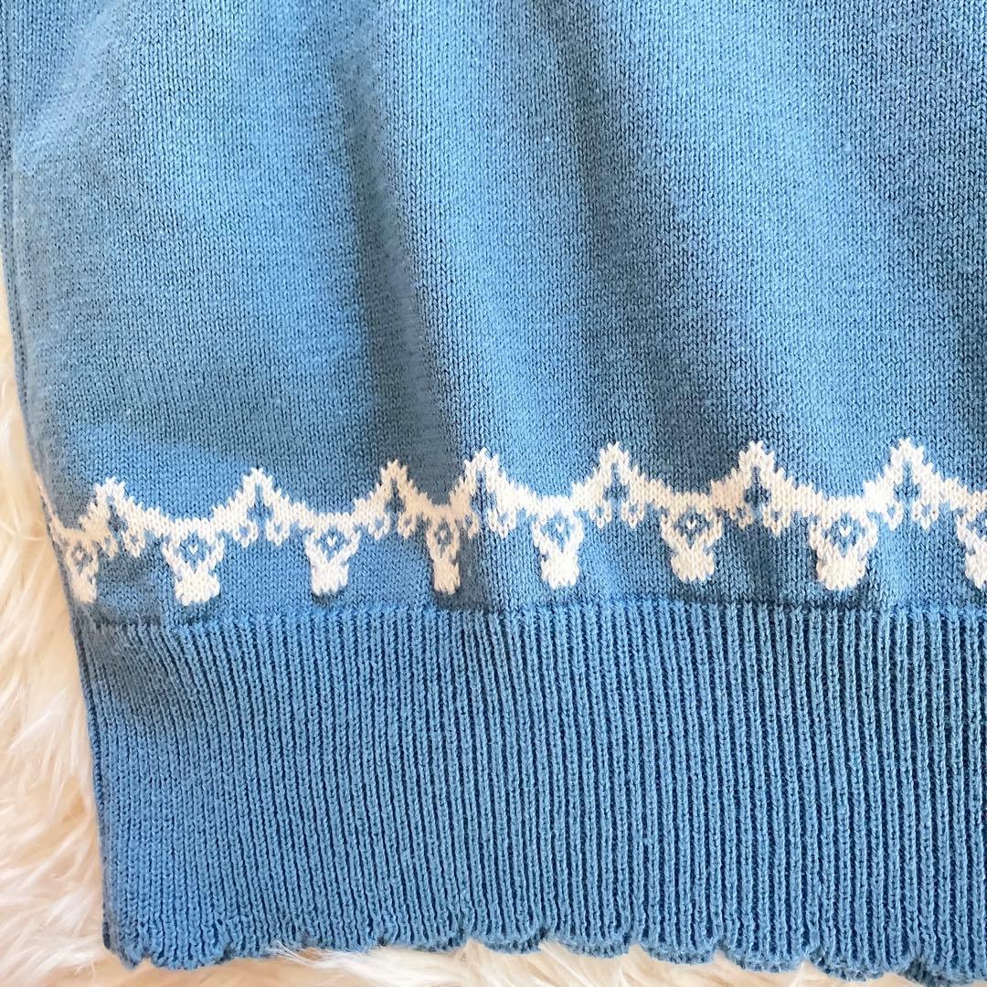 美品ピンクハウス♡リリー柄編み込みカーディガン半袖ブルー青花柄刺繍フリーニット綿
