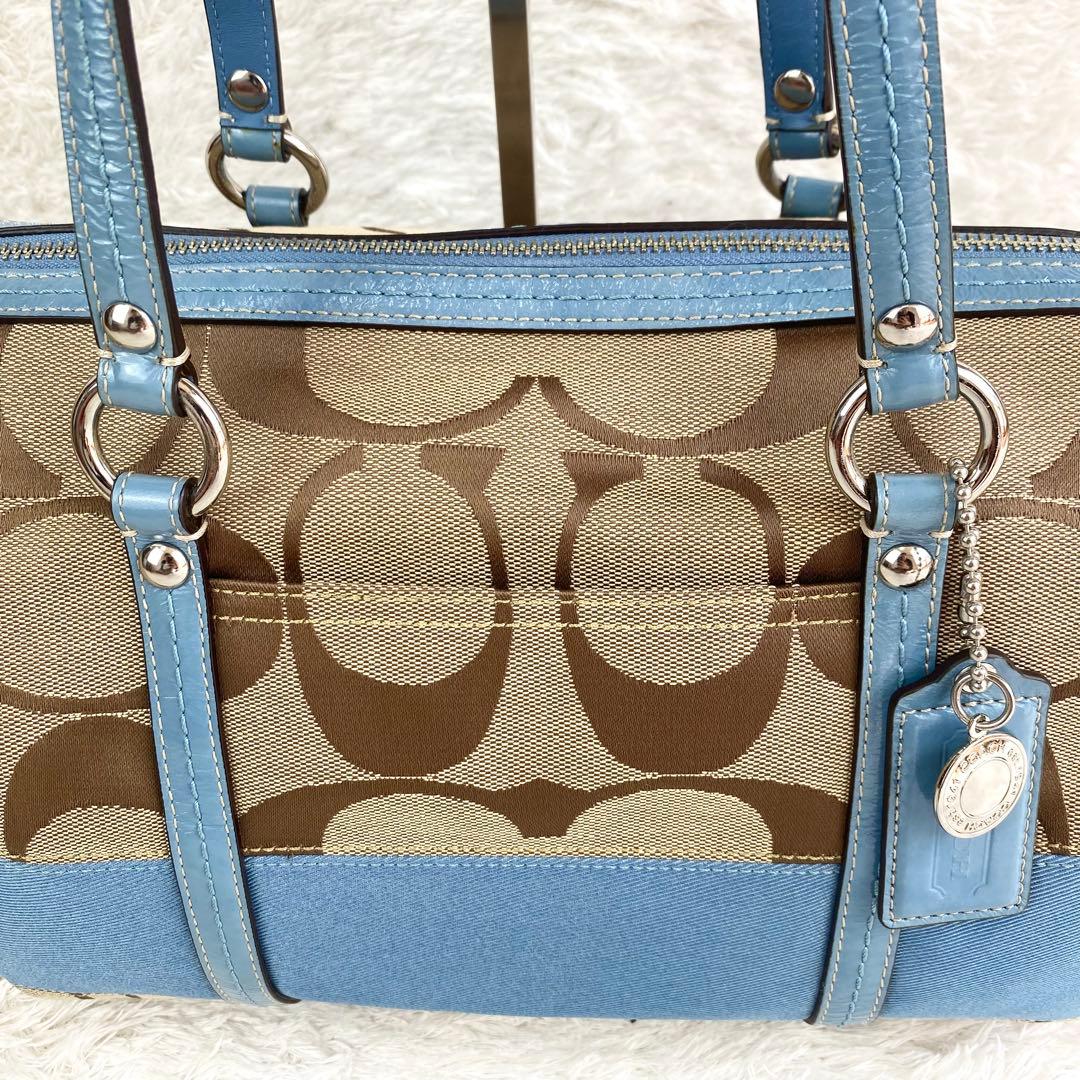 バッグ Coach Signature Stripe Zip Satchel blue