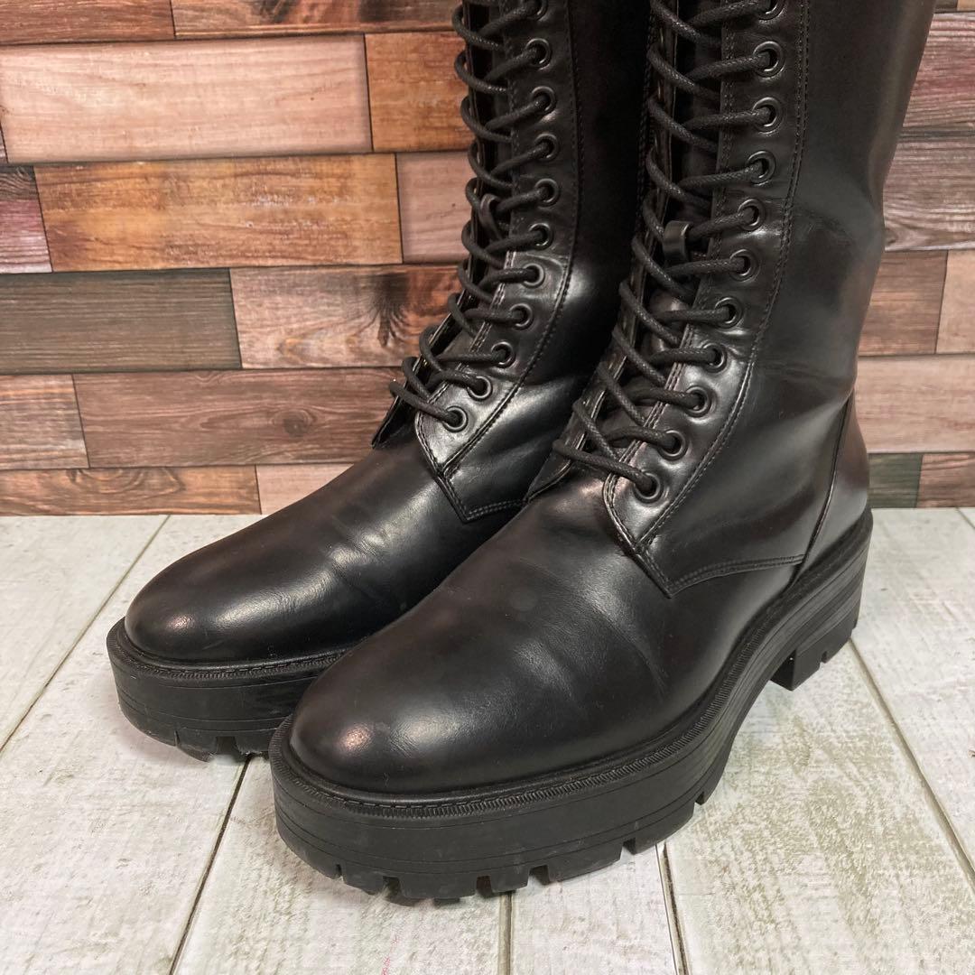 ザラ　ZARA　厚底 レースアップロングブーツ　25cm　サイドジップ　ブラック