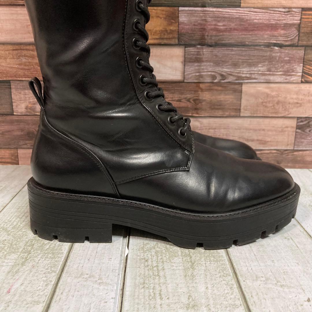 ザラ　ZARA　厚底 レースアップロングブーツ　25cm　サイドジップ　ブラック