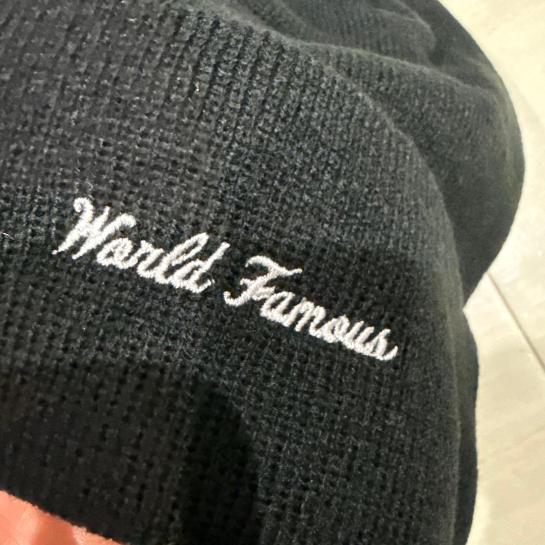美品 Supreme ニット帽 黒 World Famous刺繍