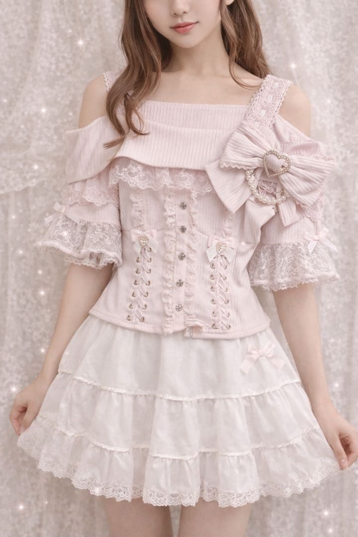 リズリサ 完売ピンク♡サイドリボンオフショルトップス