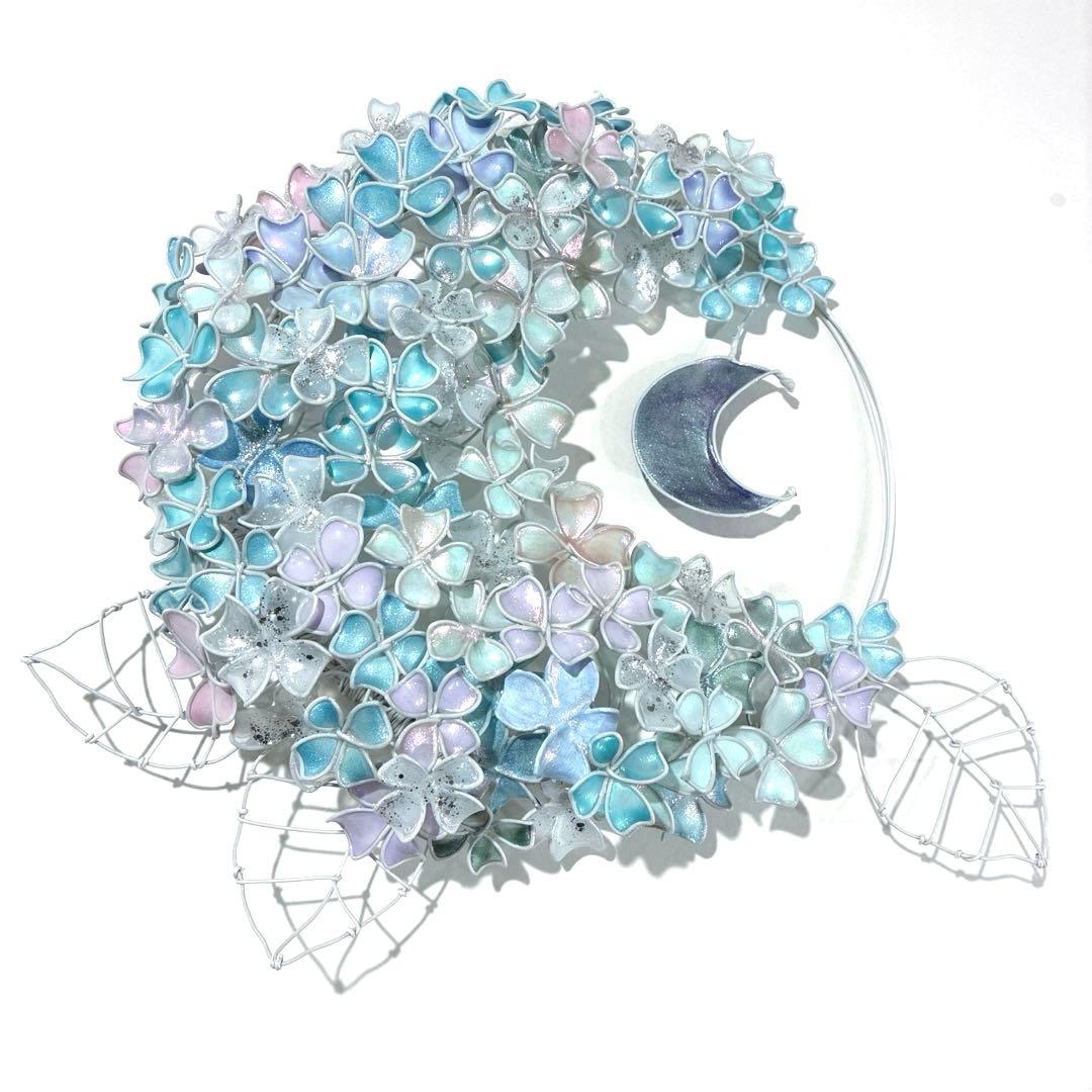 一点物　月×大きな紫陽花リース　ディップアート　ワイヤークラフト　アート