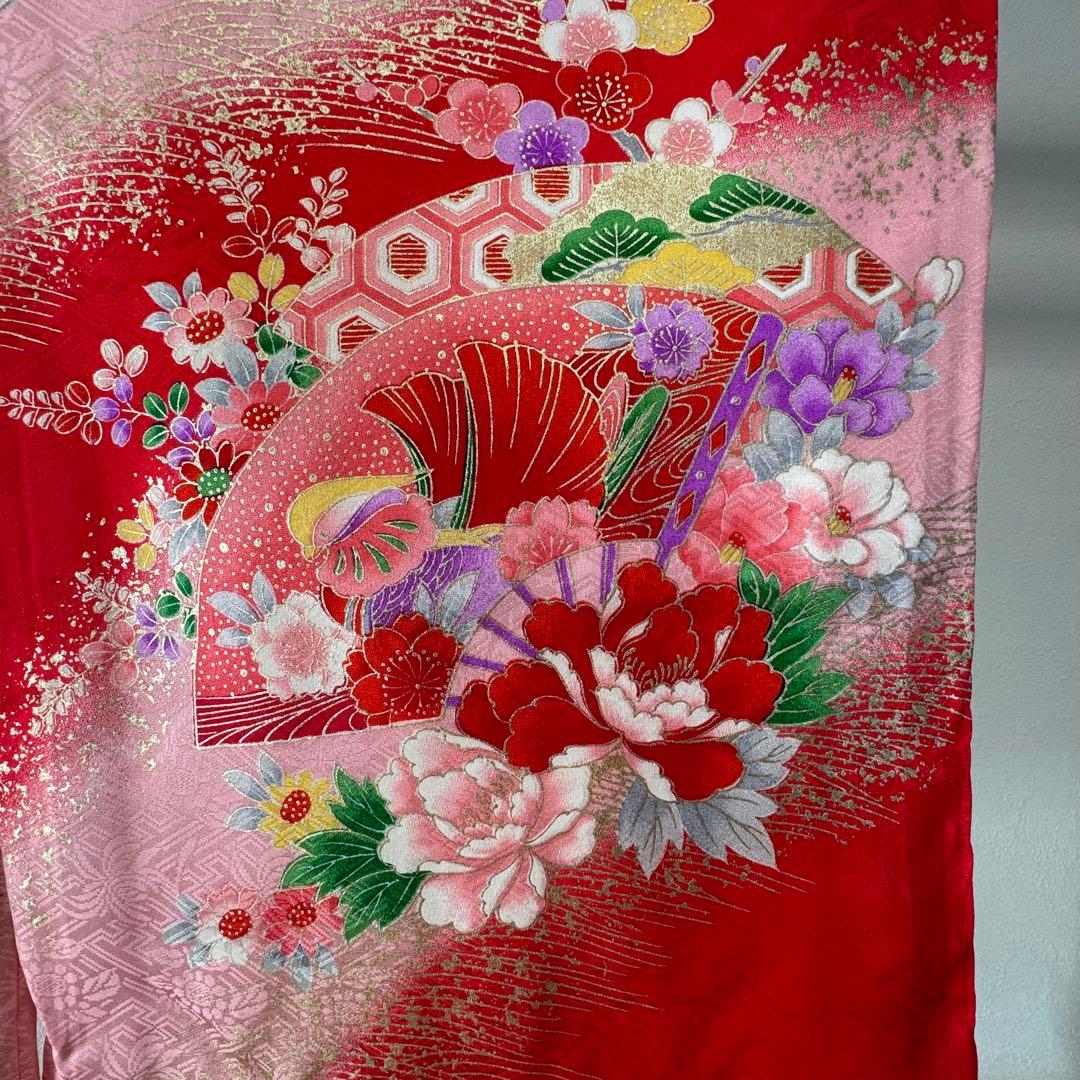 超美品　お宮参り 　正絹　産着　初着　現代　着物　女の子　女子　赤　ピンク　花車
