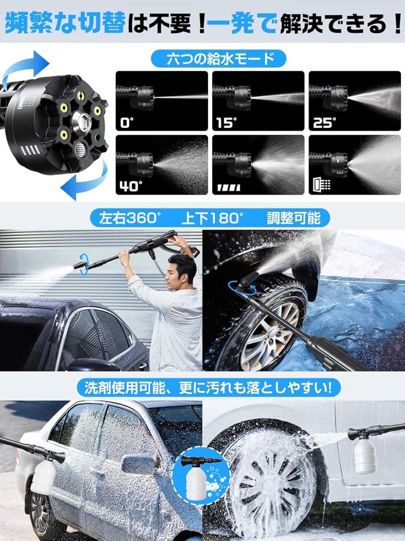 高圧洗浄機 コードレス 充電式 バッテリー式 洗車機 2026最強版 黒