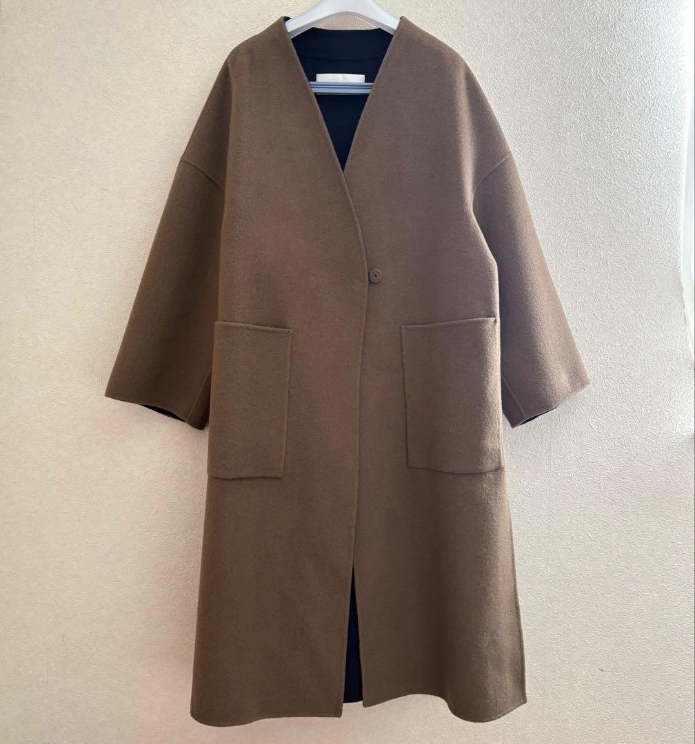 アドーア　ウール　カシミヤ　ノーカラー　リバー　コート　2トーン