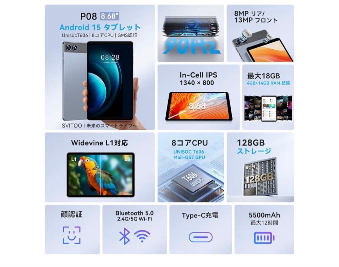 SVITOO Android15 タブレット8インチ