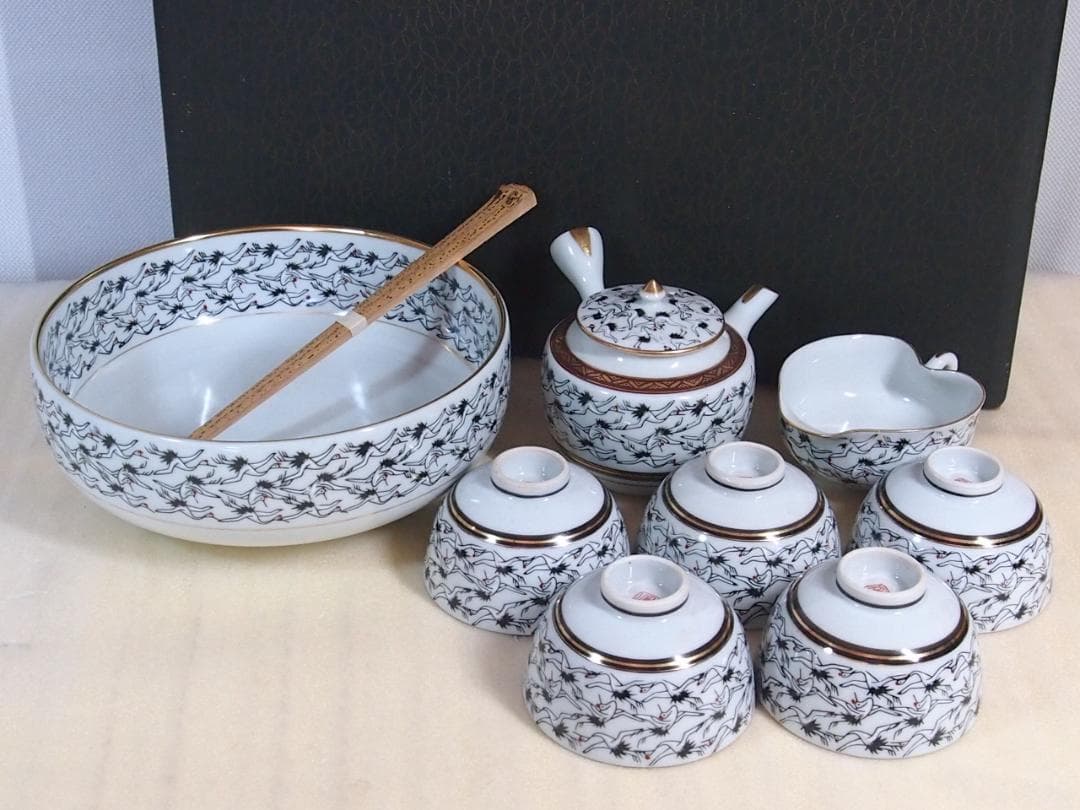 【戦前・未使用】九谷焼 九谷栄山 群鶴文 茶菓セット/茶器揃5客 急須/湯吞茶碗
