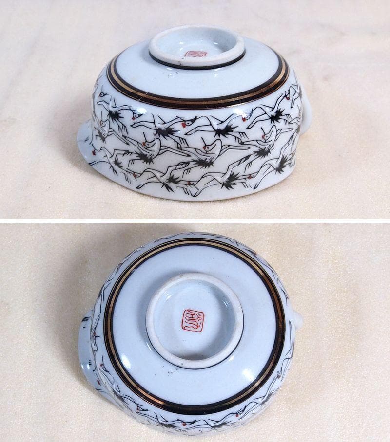 【戦前・未使用】九谷焼 九谷栄山 群鶴文 茶菓セット/茶器揃5客 急須/湯吞茶碗