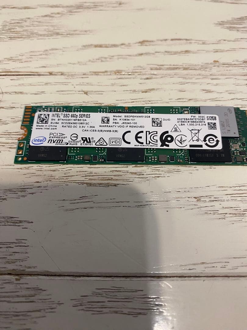 Intel 512GB M.2 NVMe SSD SSD 動作確認済み