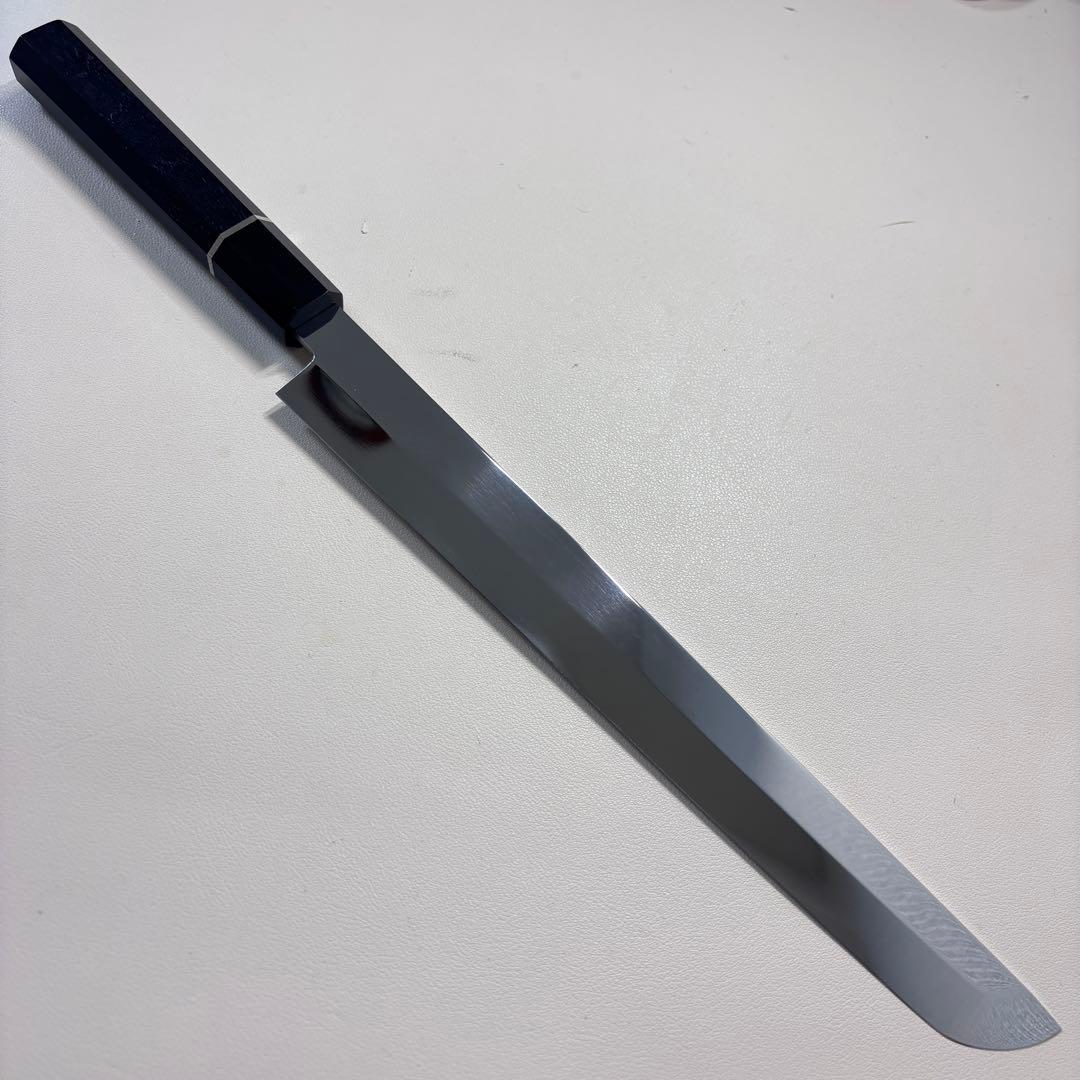 270mm先丸柳刃包丁 鏡面　黒檀黒水牛銀巻八角柄 刺身包丁 全鋼「鞘付き」，