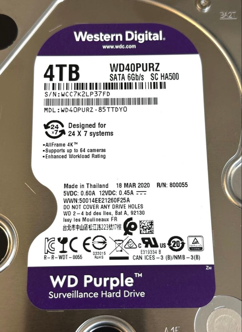 WD Purple 4TB HDD WD40PURZ 4台セット