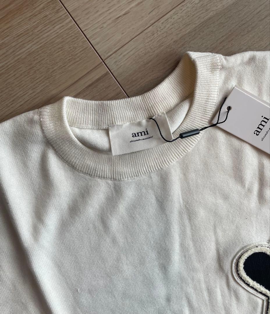 新品 AMI PARIS アミパリス ハートロゴ コットンニット白Tシャツ半袖S