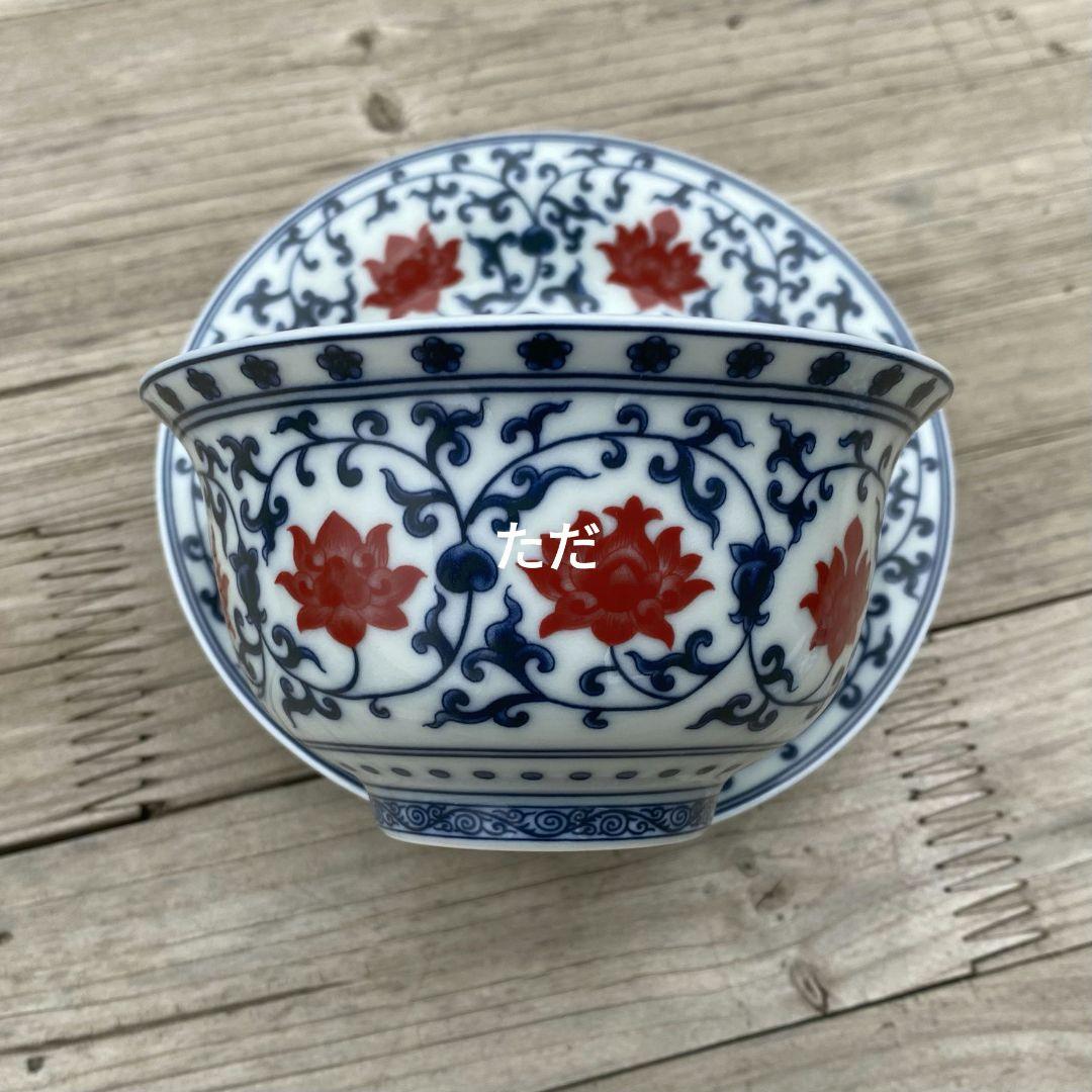 中国茶器 景徳鎮 七承堂青花釉里紅巻枝蓮三才蓋碗 茶碗 煎茶器 未使用品
