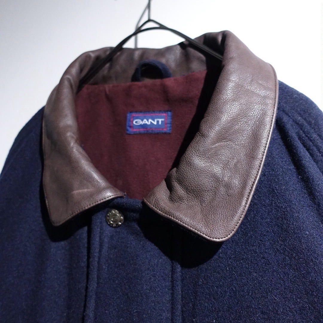 90s GANT レザー襟 ウールブルゾン オーバーサイズ ネイビー短丈