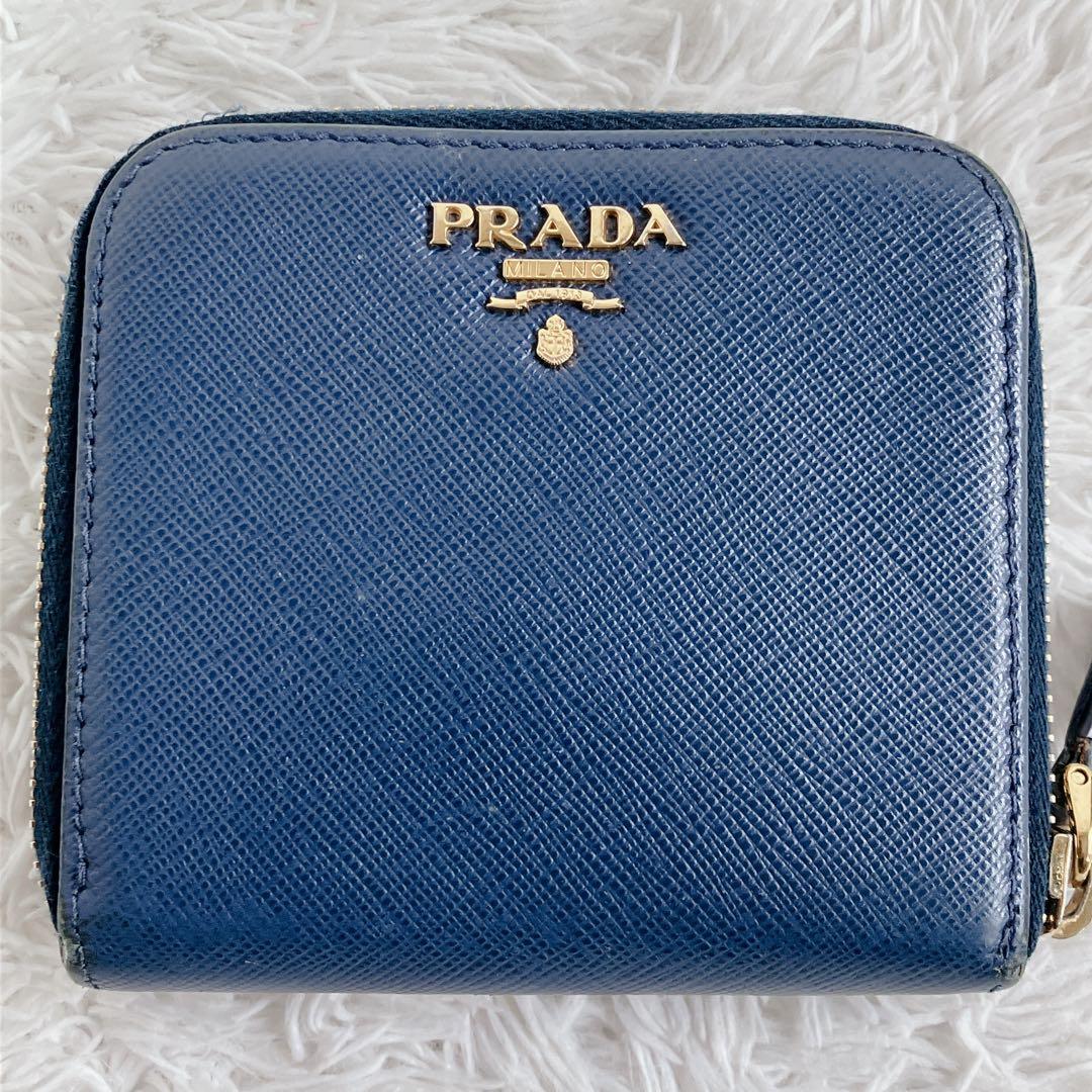 プラダ PRADA 折り財布 1ML522 フラップ ゴールド金具 ネイビー　青
