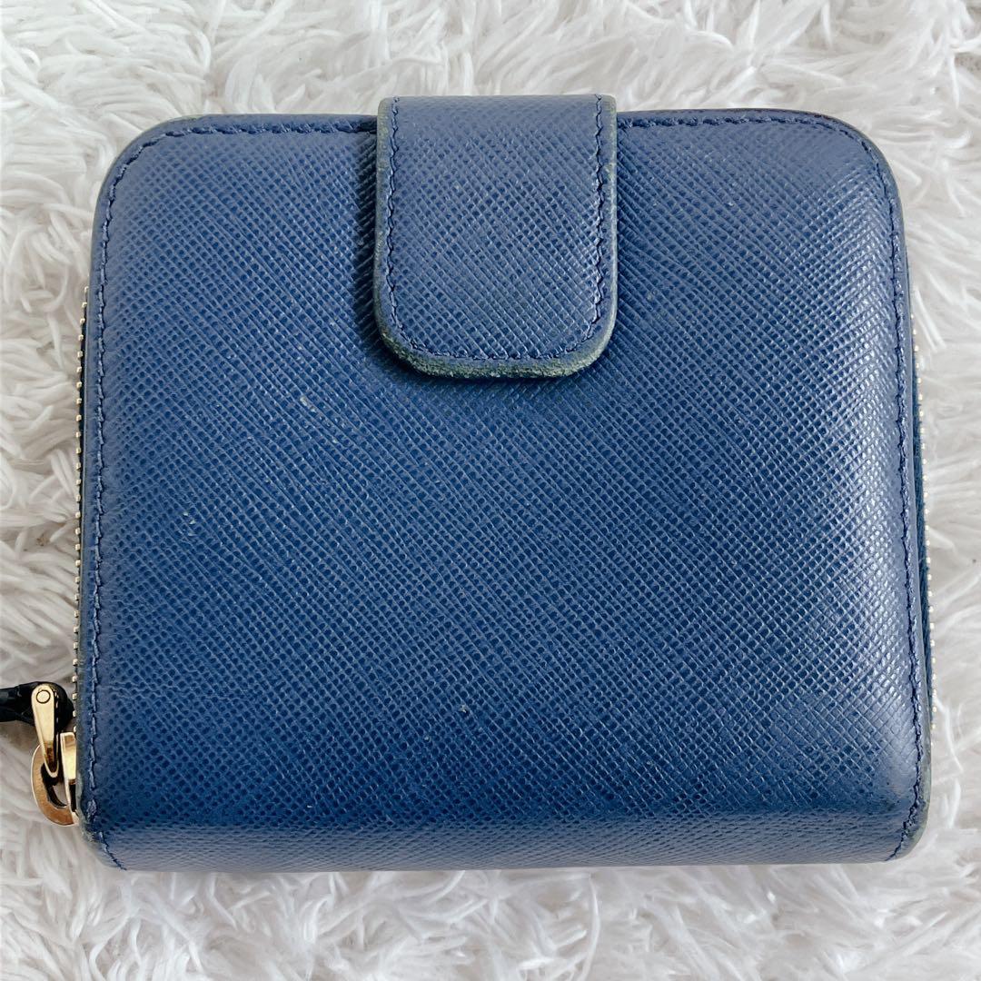 プラダ PRADA 折り財布 1ML522 フラップ ゴールド金具 ネイビー　青