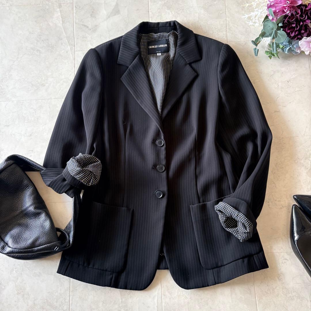GIORGIO ARMANI ストライプテーラードジャケット　ドット春夏　42黒
