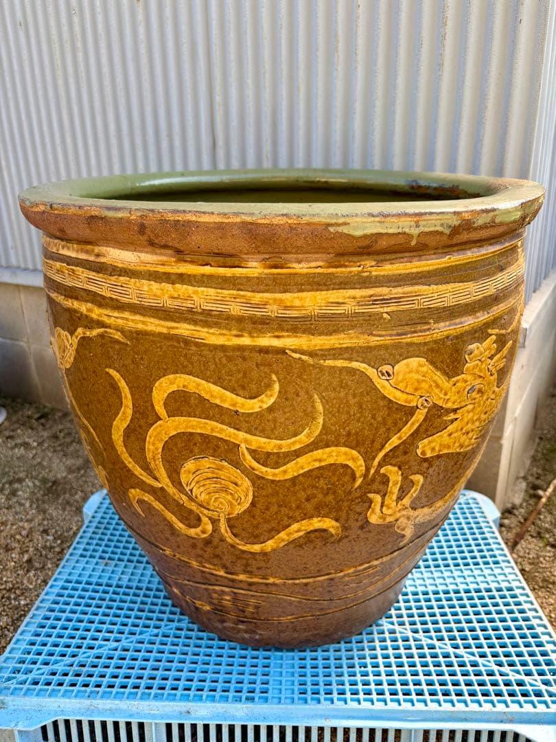 龍の図柄 ピータン壺〔特大〕【傘立て、睡蓮鉢、メダカ鉢、金魚鉢に‼️】