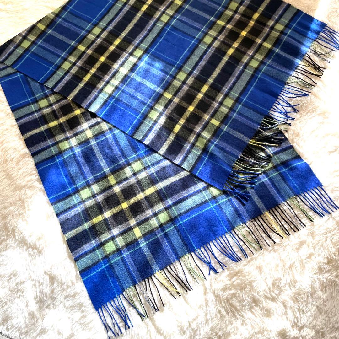 Johnstons of Elgin カシミヤ100％ チェック柄 ストール 青