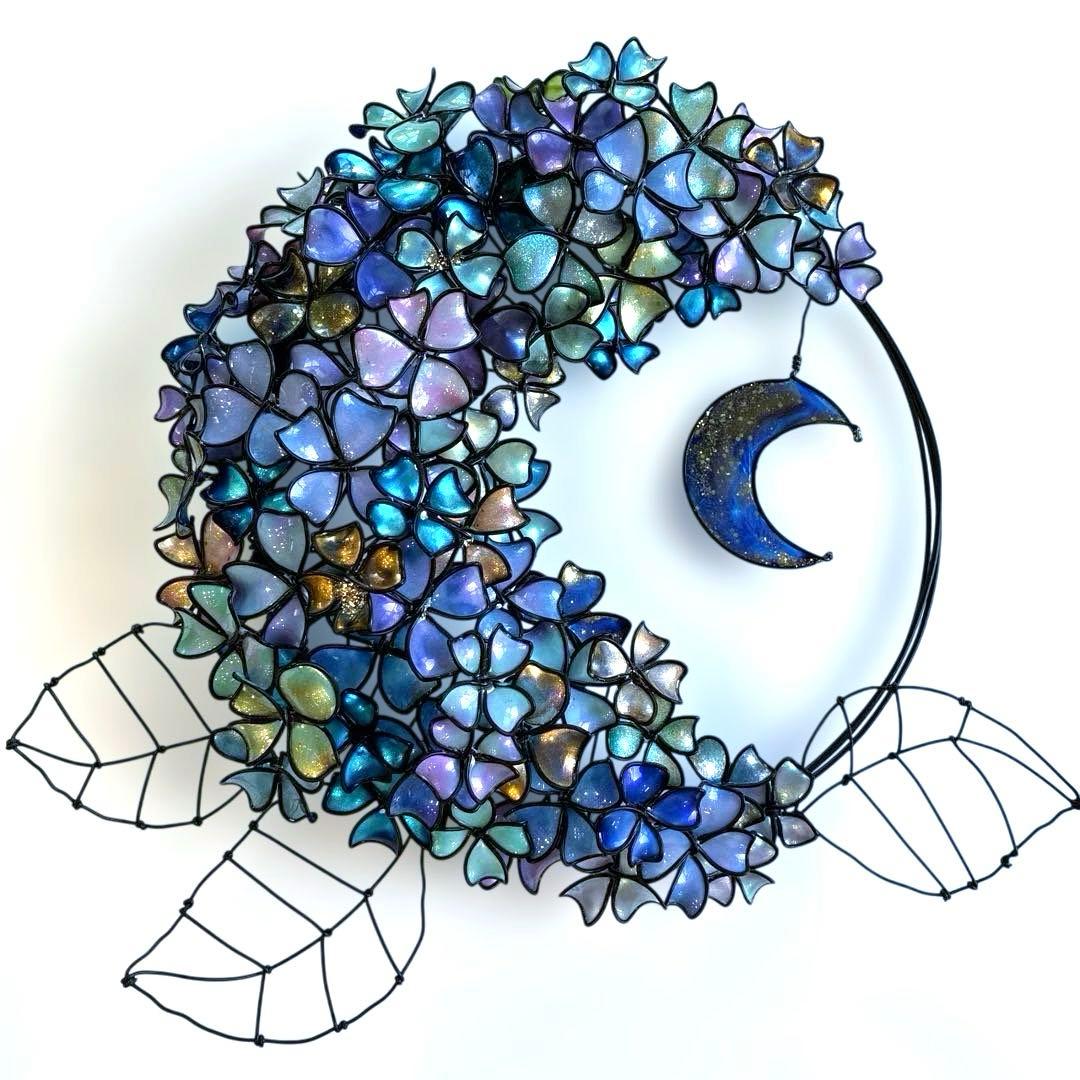 一点物　銀河　月×大きな紫陽花リース　ディップアート　アート　ワイヤークラフト